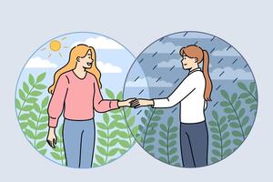 Woman helps friend get rid of depression, standing in rain and inviting to sunny place vector