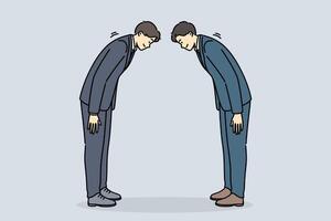 Two asian business men bow in greeting and say conishua during tailoring meeting to sign contract vector