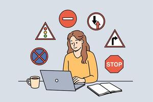 Woman studies traffic rules via laptop, preparing to take theoretical exam to obtain driver license vector