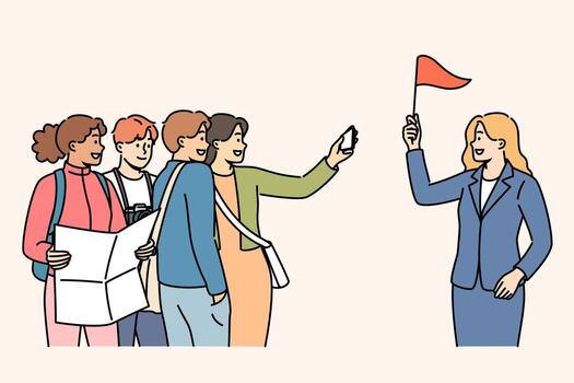 Crowd of tourists follows guide with red flag, telling about sights of city and historical events vector