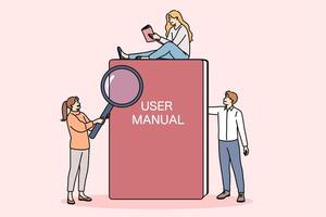 Book with user instructions next to miniature people reading tips and rules for using product vector