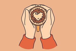 Coffee with foam heart in hands of person drinking hot drink from cup and enjoying aroma vector