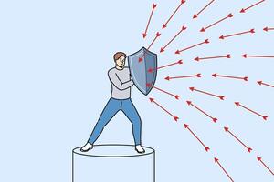 Brave man defends himself from problems using shield to deflect flying arrows from enemies vector