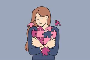 Sad woman holds disintegrating heart, symbolizing restoration of psyche after breaking up with guy vector
