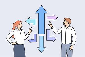 Business team looking for strategic path and solution to achieve success standing near arrows vector