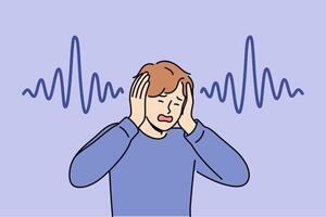 Man who has lost hearing clasps hands and screams, experiencing panic due to symptoms of disease vector