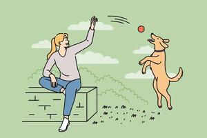 Woman plays with dog in park, tossing ball to bouncing puppy and enjoying perfect sunny weather vector