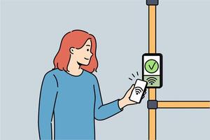 Woman uses bus terminal to accept contactless payments by touching phone to NFC sensor vector
