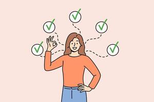 Woman shows ok gesture, reporting achievement of all assigned tasks, standing among checkmarks vector