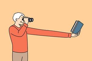 Myopic elderly man uses binoculars to read book, needs corrective surgery on eye pupils vector