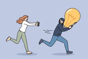 Man runs away with stolen idea and holds light bulb, to hide from woman accuses robber of plagiarism vector