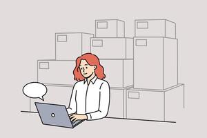 Woman small business owner works sitting near computer and boxes, selling goods through online store vector