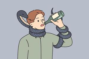 Man drinks beer standing with snake around neck, metaphor for alcohol addiction. vector