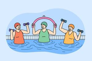 Elderly women working out in pool doing aqua fitness and lifting dumbbells to improve health vector