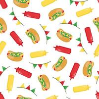 Seamless pattern with hot dogs, ketchup, mustard, ketchup, and garland flags. Stock isolated image on a white background. In hand-drawn style. vector