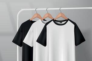 Black and white t-shirts hanging on a clothes rack in a studio on a wooden hanger. vector
