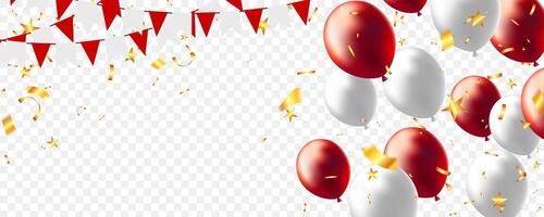 Red, white balloon, confetti and triangle pennants chain decor background and greeting card vector