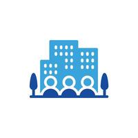 a blue icon of people in front of a building vector