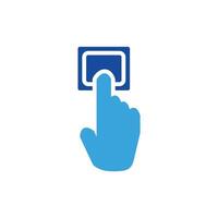 a hand pressing a button on a blue square vector