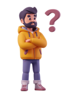 3D illustration confused man thinking in a thoughtful pose with question mark isolated on transparent background. png