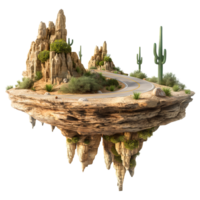 Fantasy island floating. Desert scene with road and cactus isolated on transparent background. png