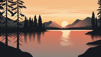 a silhouette of a mountain lake with trees and a sunset vector