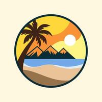 a palm tree and mountain in the background of a sunset vector
