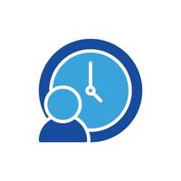 a blue clock icon with a person in front of it vector