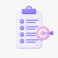 Checklist with target symbol 3d icon. Isolated on white. vector