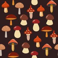 Seamless pattern with mushrooms on a dark background. Cartoon style illustration. vector