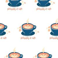 seamless pattern with blue flat cup of coffee and hearts on the white background. illustration print vector
