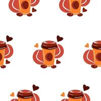 seamless pattern with orange flat glass of coffee and pieces of chocolate on the white background.illustration print vector