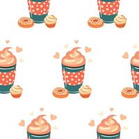 seamless pattern with green flat glass of coffee and butter cream on the white background. illustration print vector