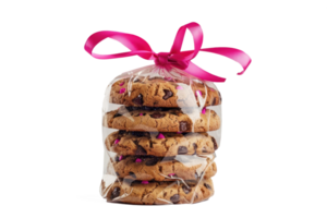 chocolate chip cookies in a bag with a pink ribbon on transparent background png