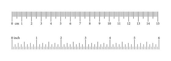 Scale 6 inch, 15 centimeters, markup, numbers. Distance, height, length measurement, sewing tool. Measuring charts, metric, imperial units template. vector