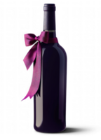 a bottle of wine with a purple ribbon on it on transparent background png