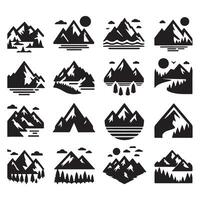 Set Mountain icons, Collection different types of Mountains Black with white background vector