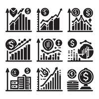 Set of chart icons with dollar sign in even silhouette on a white background. The graph shows downward and upward trends. vector