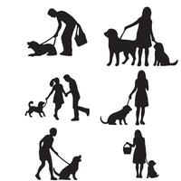 People playing with dog various collection set silhouette vector