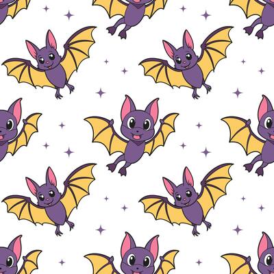 Cute seamless pattern with bat characters. Halloween background, design for children's clothing, fabrics, textiles.