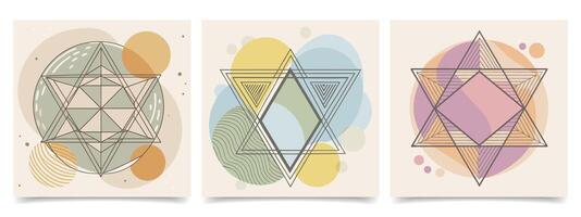 Set of abstract vintage posters with mystical symbols in pastel colors. Collection of retro backgrounds. Illustration vector