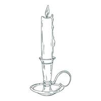 Candlestick with handle with burning candle with wax drips, antique, retro, vintage. Line art is a simple hand-drawn illustration in black and white ink. Isolated EPS object. vector