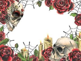 Ornamented human skull with red roses, candles and cobwebs. Hand drawn watercolor illustration for day of the dead, halloween, Dia de los muertos. Square frame, template on white background. vector