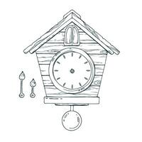 Wall clock with cuckoo, dial and hands, pendulum, wooden, antique. Line art is a simple hand-drawn illustration in black and white ink. Isolated EPS object. vector