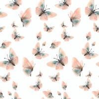 Delicate, flying, elegant butterflies in the trendy pastel color peach fuzz in a vintage style. Hand drawn watercolor illustration. Seamless pattern, repeating ornament on a white background vector