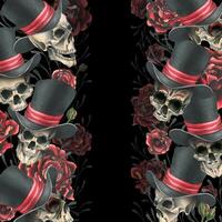 Human skulls in a top hat with red roses and branches. Hand drawn watercolor illustration for Halloween, day of the dead, Dia de los muertos. Vertical template, frame, border on black background. vector