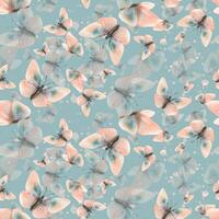 Delicate, flying, elegant butterflies in the trendy pastel color peach fuzz in a vintage style. Hand drawn watercolor illustration. Seamless pattern, repeating ornament on a blue background vector