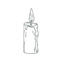 Wax candle tall with wax drips and burning flame. Line art is a simple hand-drawn illustration in black and white ink. Isolated EPS object. vector