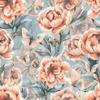 Beautiful peonies in peach fuzz color with leaves, buds and flying butterflies. Hand drawn watercolor illustration. Seamless pattern. vector