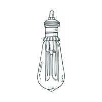 Edison glass lamp hanging on a cord glowing in the shape of a drop. Line art is a simple hand-drawn illustration in black and white ink. Isolated EPS object. vector